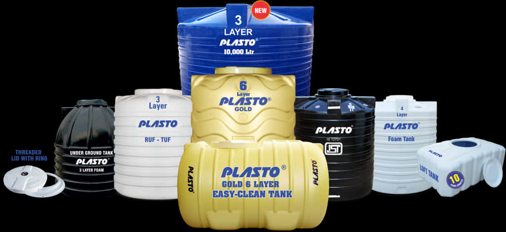 Container 桌布 壁紙 — 一系列 Plasto 品牌塑膠水桶，有藍色、黃色、白色和黑色，在黑色背景上展示。