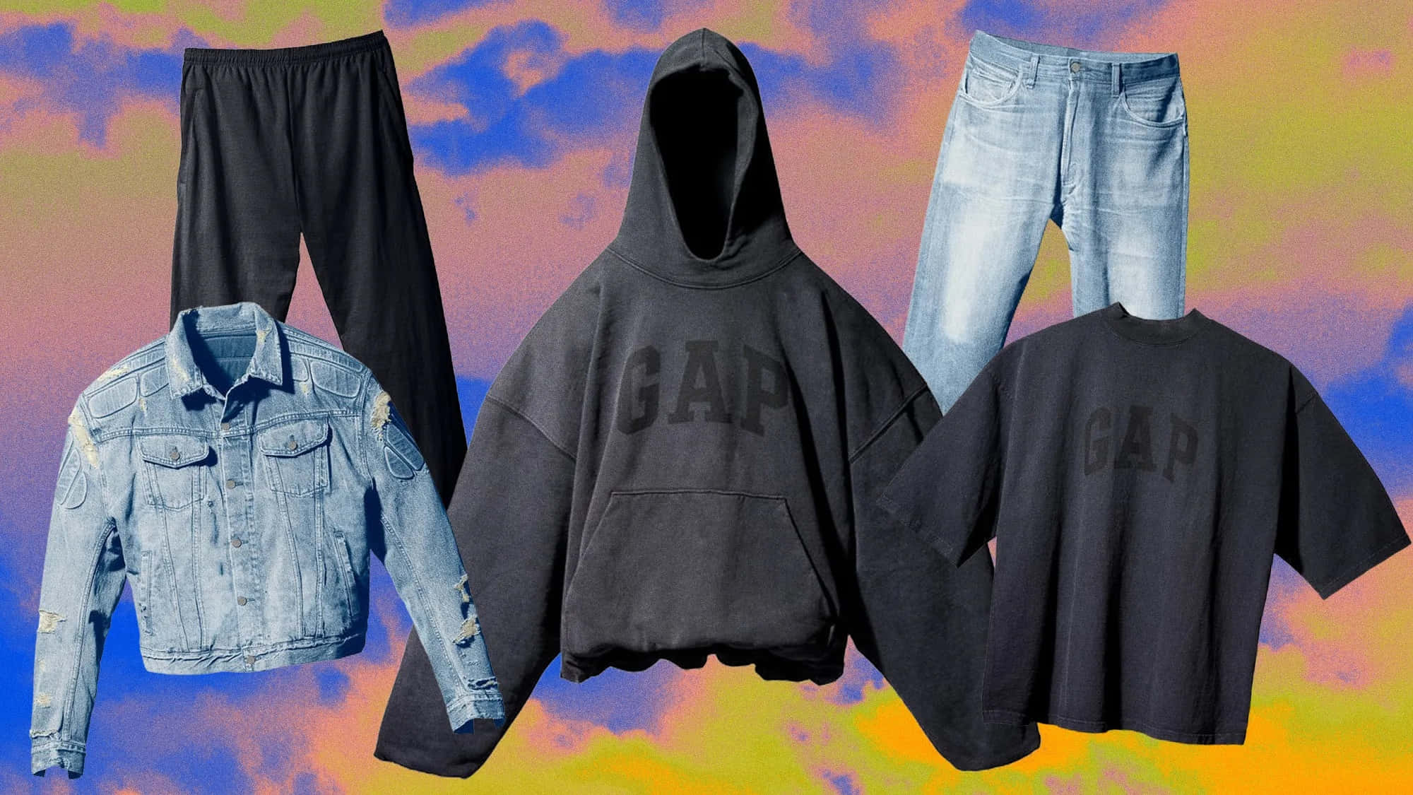 Gap 桌布 壁紙 — 一系列Gap服飾，包括牛仔褲、連帽衫和外套，漂浮在充滿活力的超現實天空背景上。