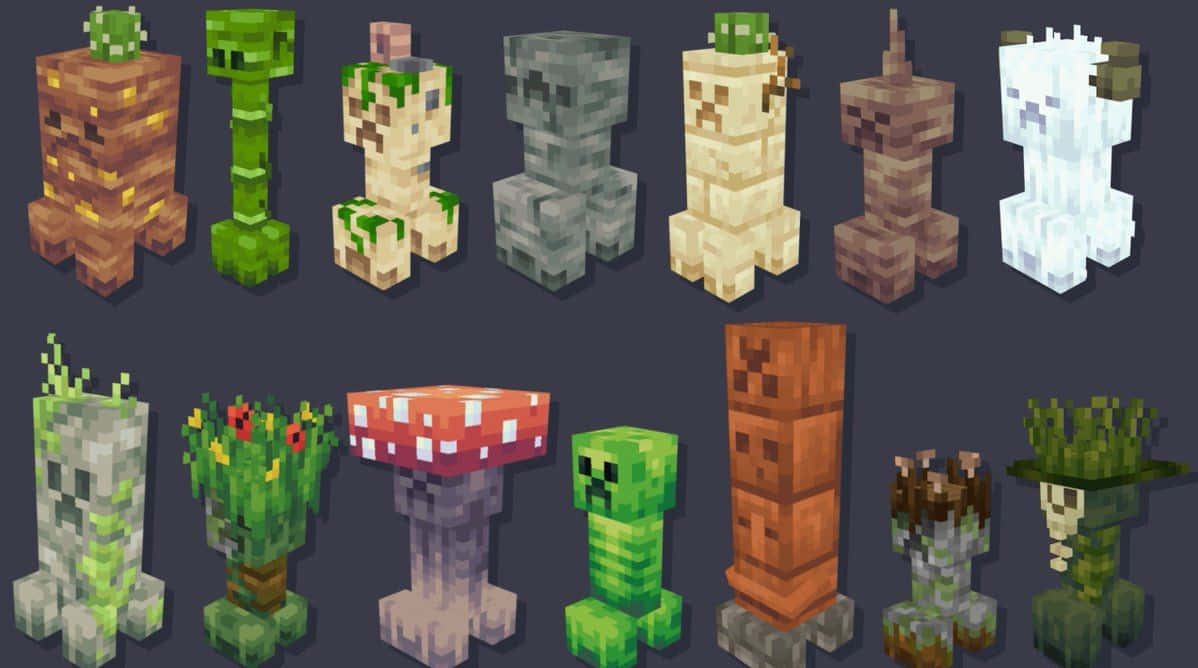 Minecraft Characters 桌布 壁紙 — 一系列Minecraft像素藝術生物和植物，在深色背景上以兩行顯示。