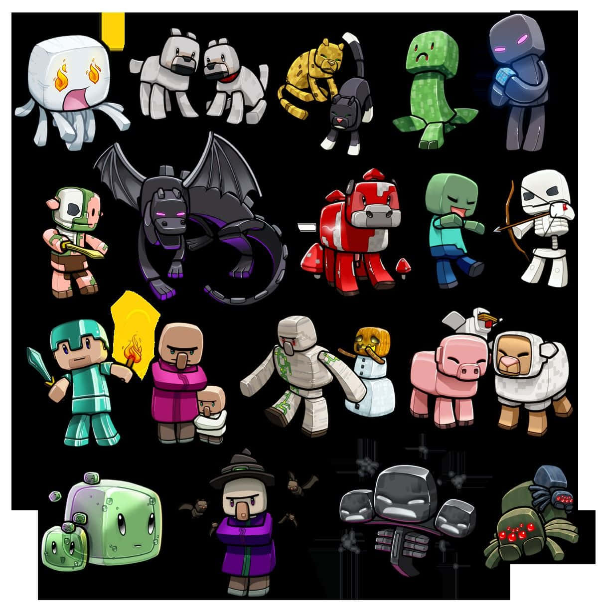 Minecraft Characters 桌布 壁紙 — 一系列Minecraft風格像素化角色與生物，包括玩家、動物和怪物，以黑色背景呈現。