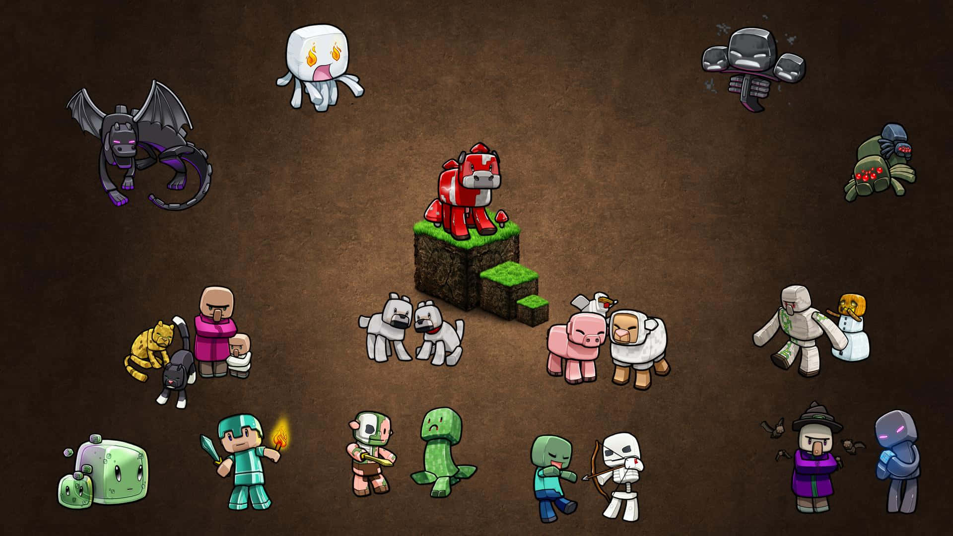 Minecraft Phone 桌布 壁紙 — 一系列Minecraft風格的像素化角色和怪物聚集在地牢場景的泥土地板上。