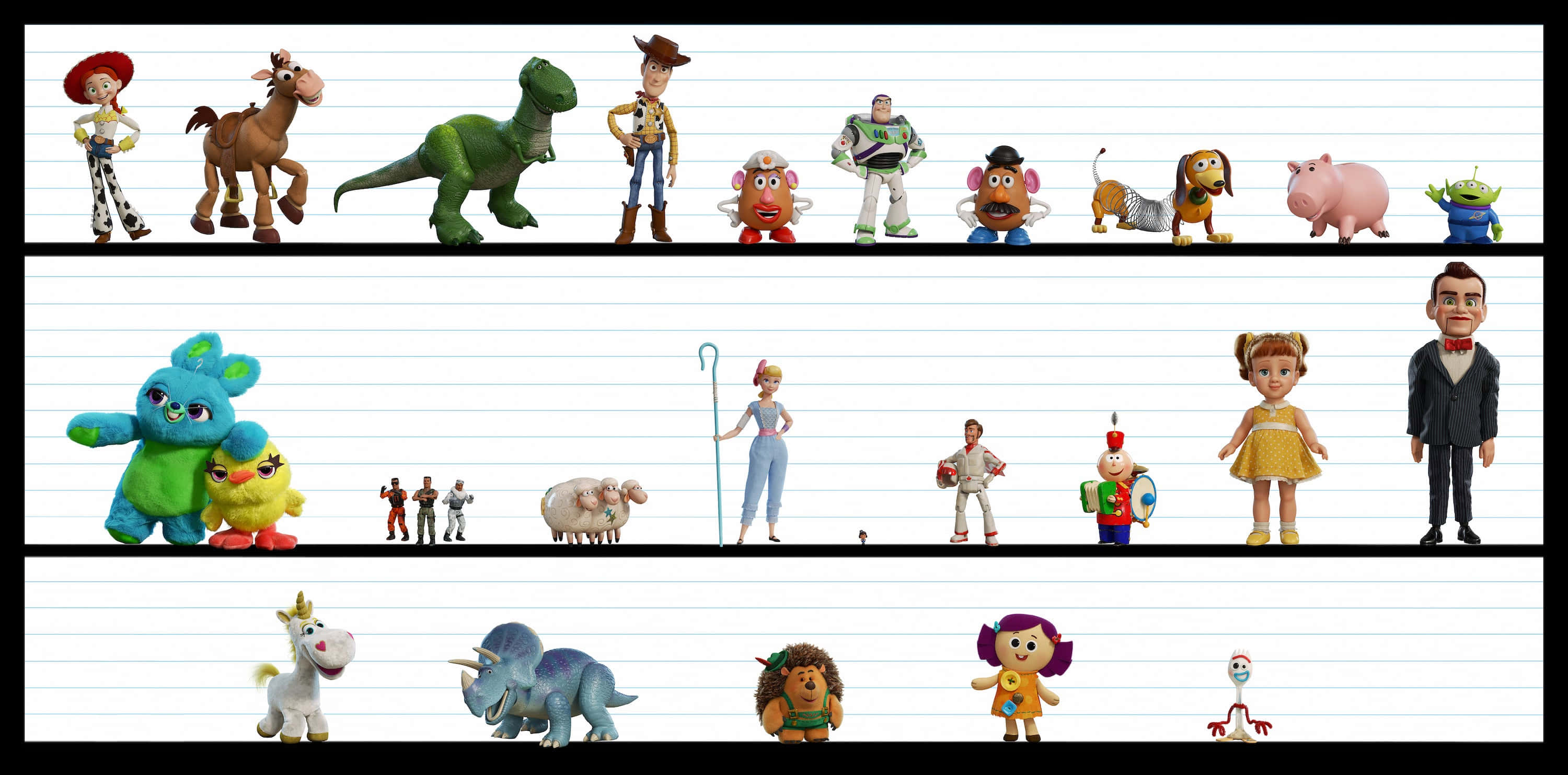 Toy Story 4 桌布 壁紙 — 一系列不同的玩具總動員角色排列在帶有橫線的筆記本紙上，共三行。