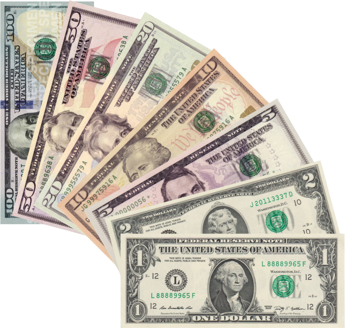 Dollar Bills 桌布 壁紙 — 一系列不同面值的美國紙幣，從一美元到一百美元，在純黑背景上呈扇形展開。
