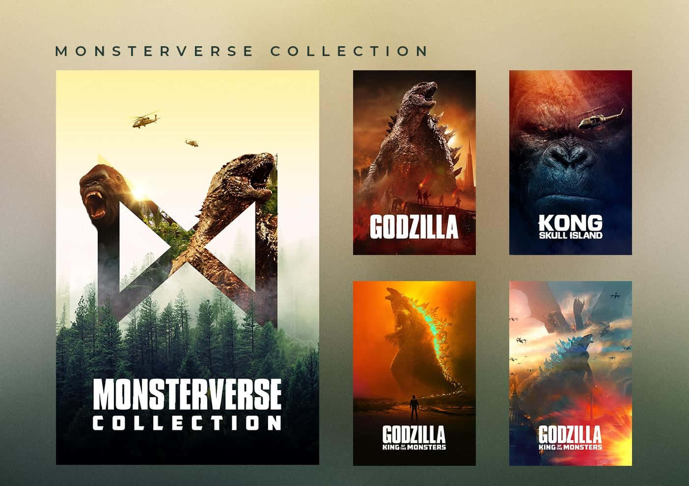Monsterverse 桌布 壁紙 — 一系列五張MonsterVerse電影海報，以哥吉拉和金剛為主角，背景是火熱的天空和森林，呈現戲劇性的電影場景。