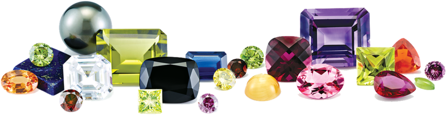 Gemstones 桌布 壁紙 — 一系列令人眼花撩亂的彩色寶石和水晶，以各種切割和大小排列在黑色背景上。
