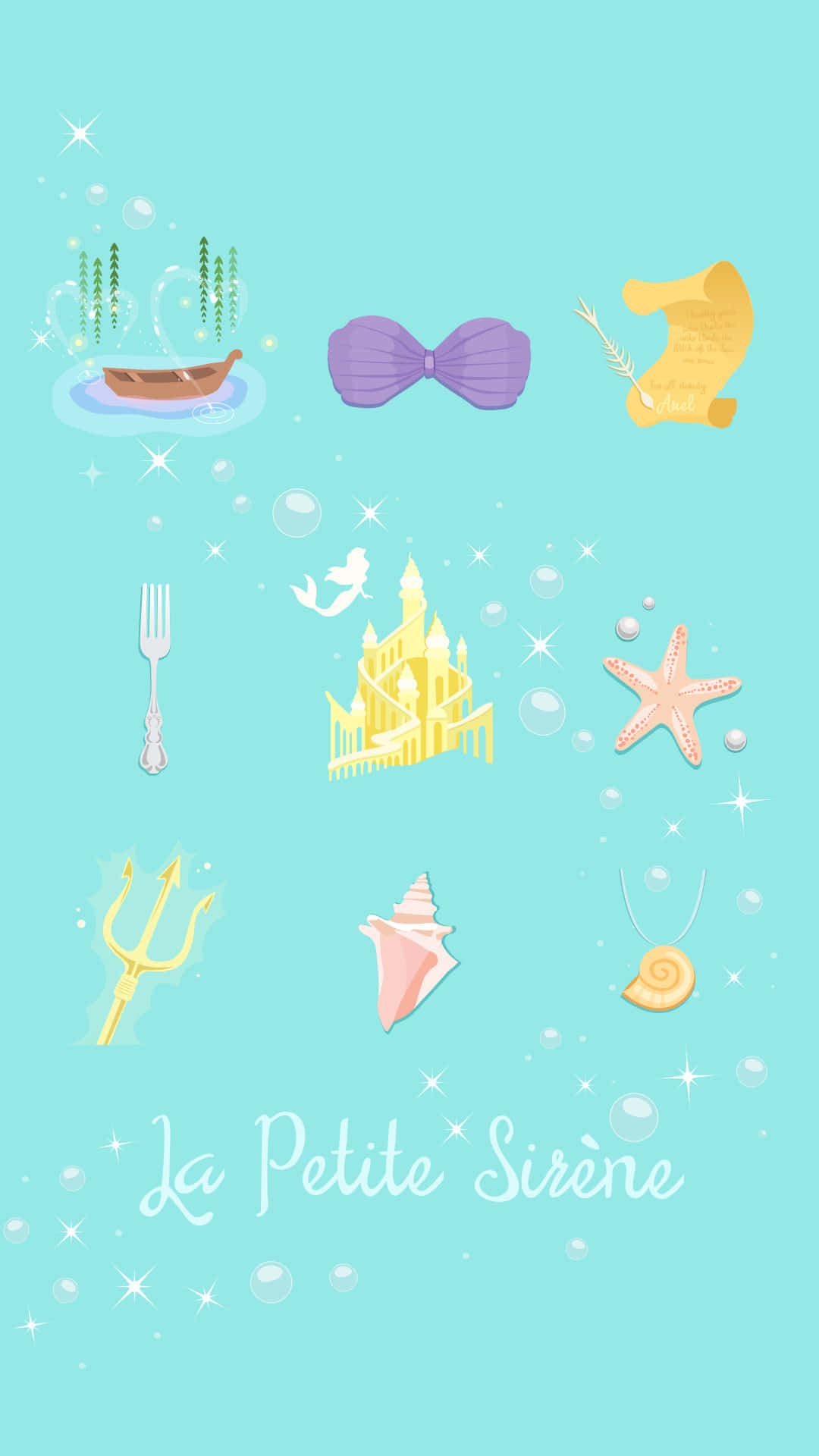 Petite 桌布 壁紙 — 一系列以小美人魚為主題的奇幻圖標漂浮在閃閃發光的綠松石背景上。
