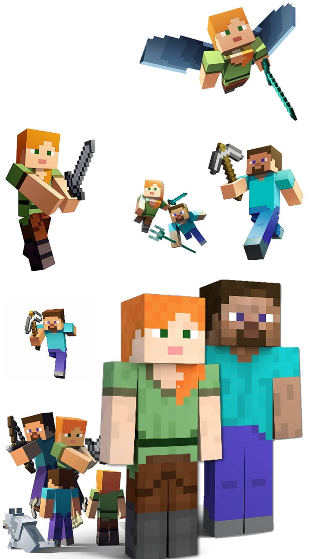 Minecraft Phone 桌布 壁紙 — 一系列像素化方塊風格的Minecraft角色，在白色背景上手持武器和工具。