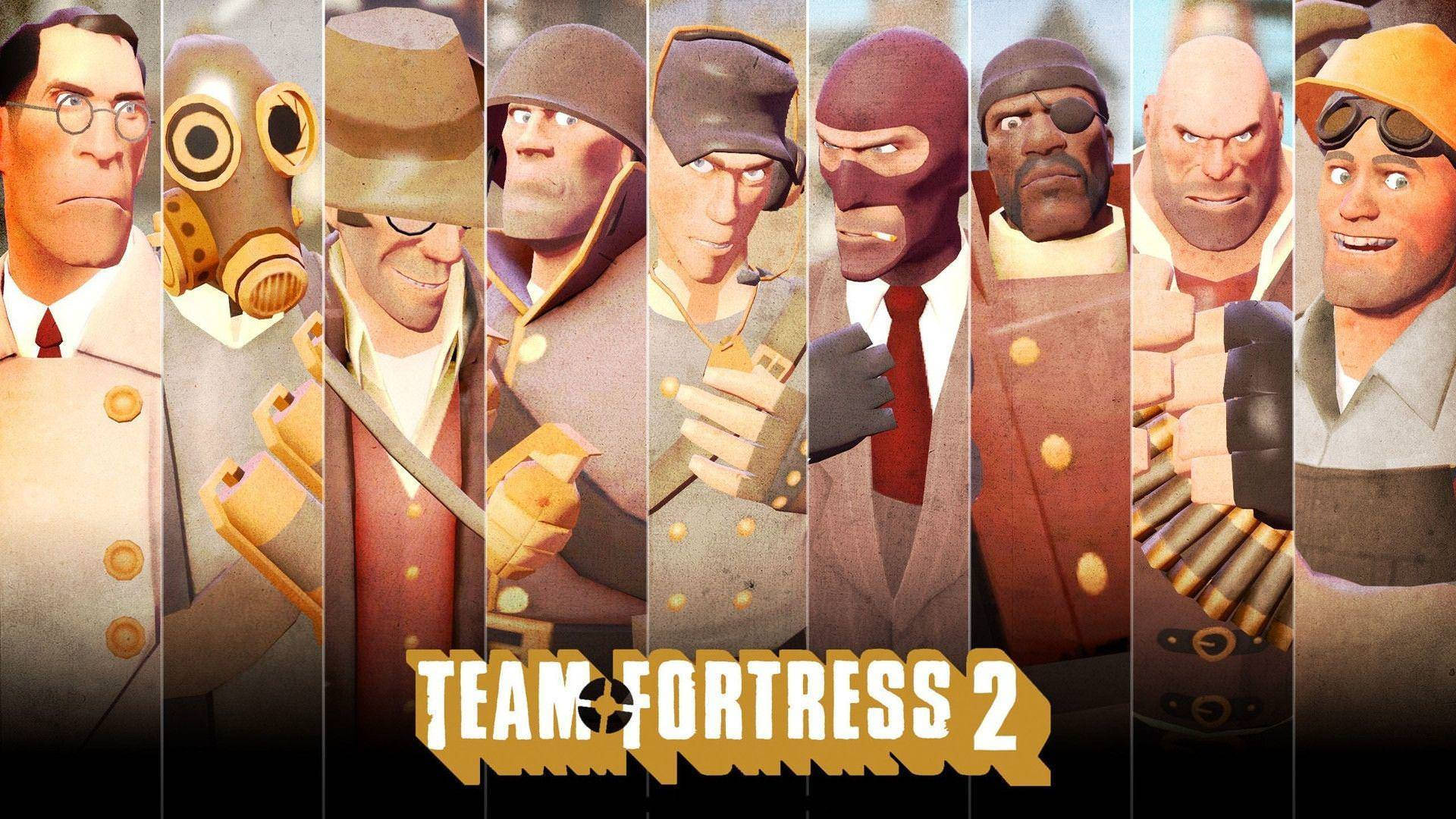 tf2 4K 桌布 壁紙 — 一系列充滿活力的 Team Fortress 2 角色，身穿標誌性的卡通風格制服和裝備。