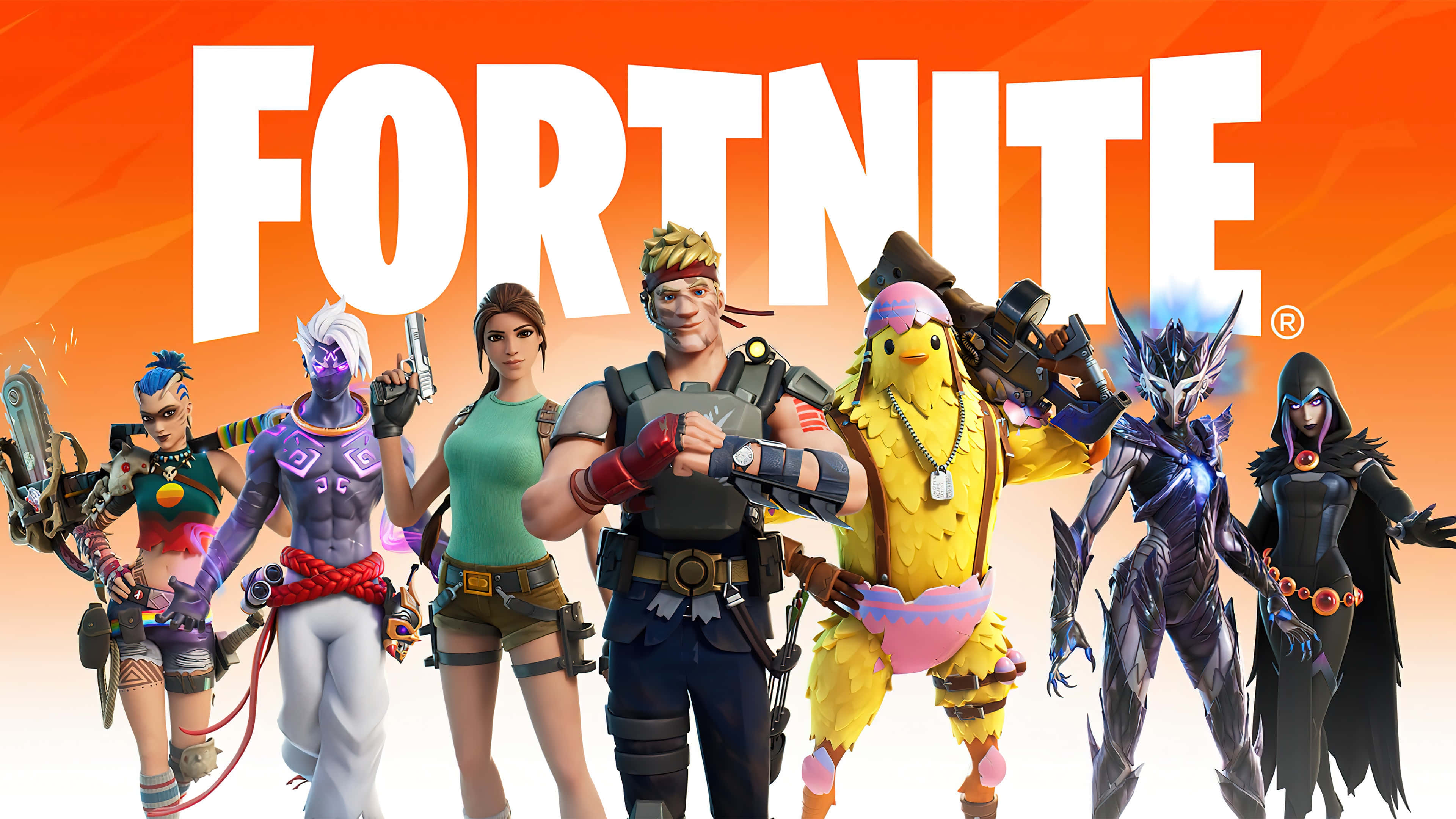Fortnite 桌布 壁紙 — 一系列充滿活力的Fortnite角色，身穿色彩繽紛的服裝，在橙色漸變背景和遊戲標誌前擺姿勢。