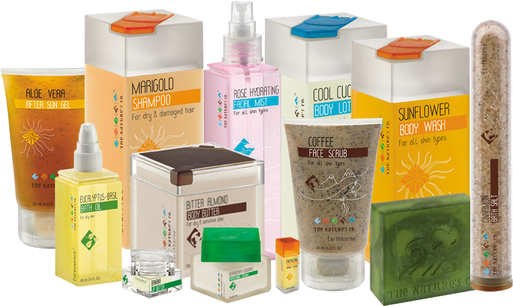 Cosmetics Products 桌布 壁紙 — 一系列充滿活力的天然護膚產品，包括身體黃油、臉部磨砂膏和浴鹽，整齊排列在潔白的背景上。