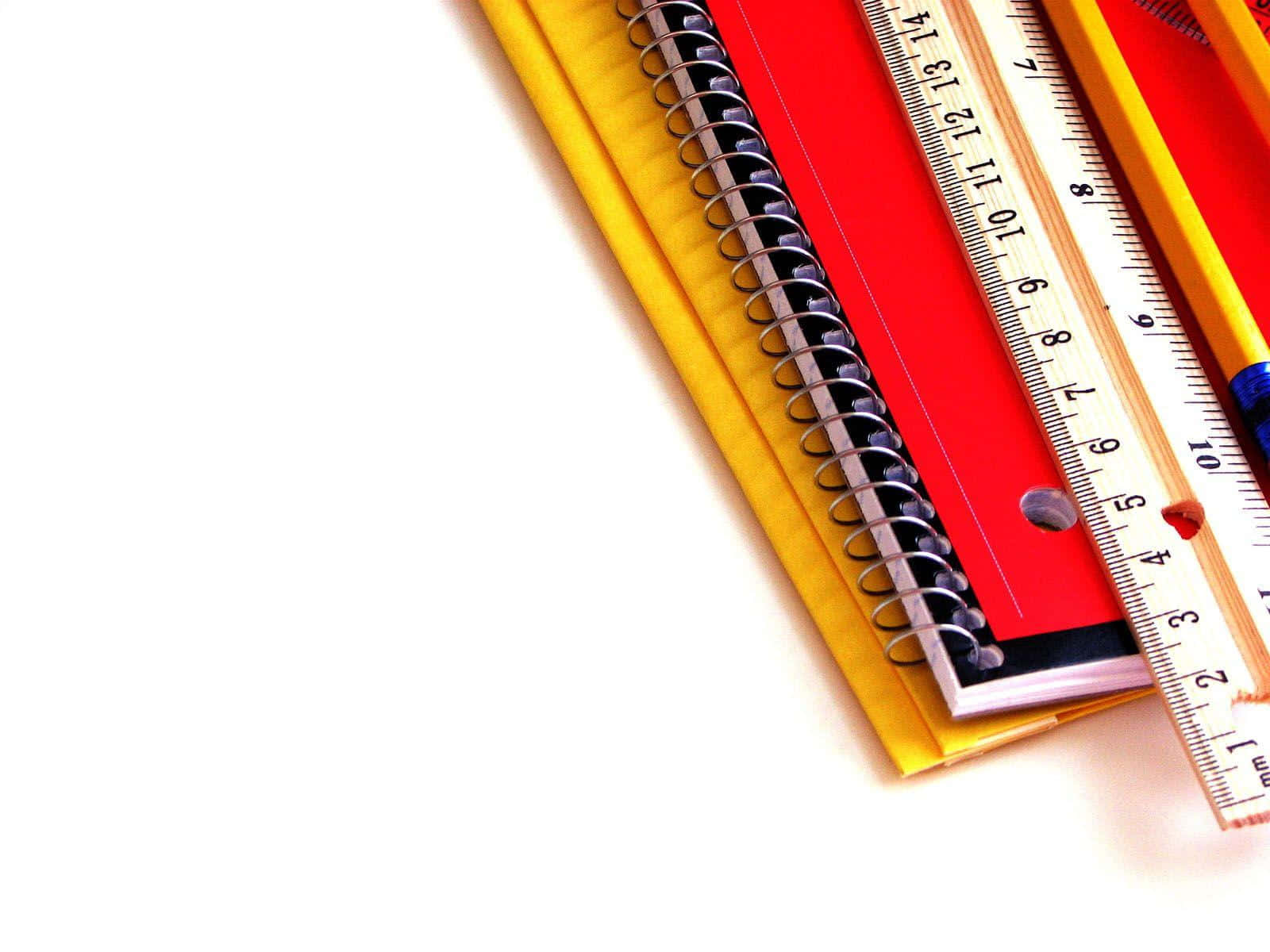 Educational 桌布 壁紙 — 一系列充滿活力的學校用品，包括紅色筆記本、黃色文件夾、木尺和鉛筆，以對角線方式排列在乾淨的白色背景上。