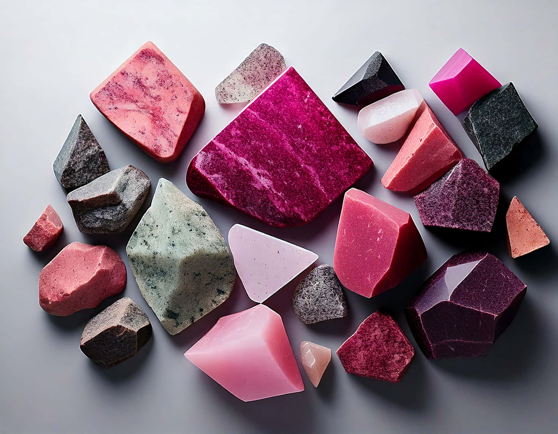 Granite 壁紙 — 一系列充滿活力的幾何切割寶石，色調包括粉紅、紫色和灰色，排列在中性灰色表面上。