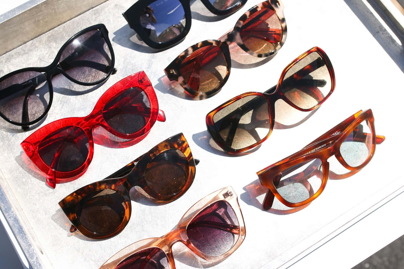 Sunglasses 桌布 壁紙 — 一系列充滿活力的時尚太陽眼鏡，採用大膽的紅色玳瑁鏡框，整齊地排列在明亮的白色表面上，在陽光直射下閃耀。