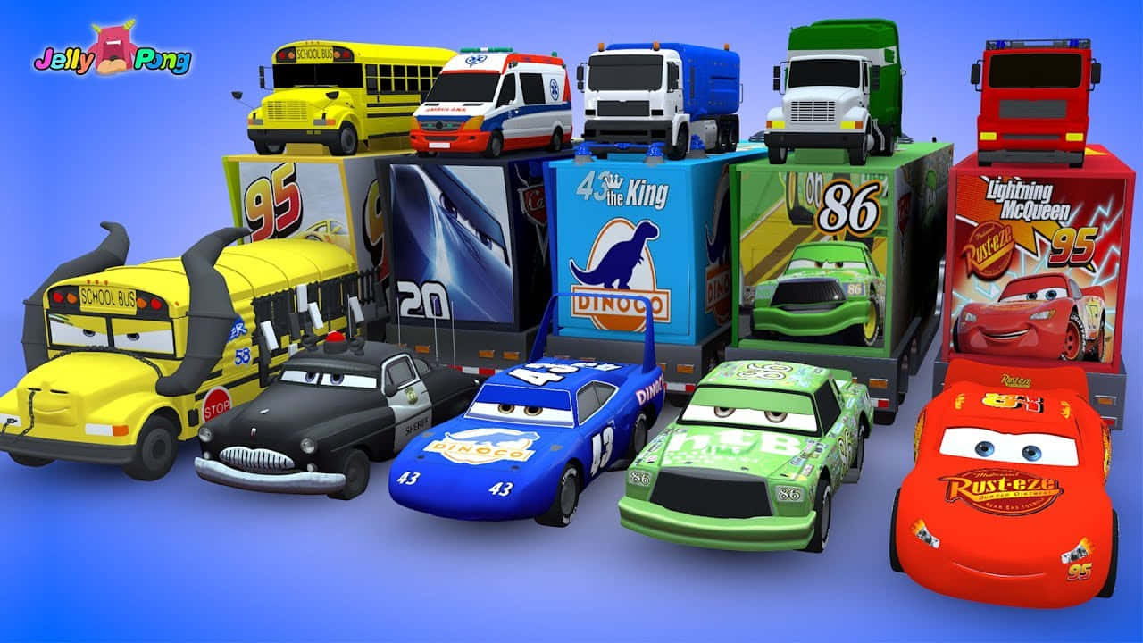 toys 桌布 壁紙 — 一系列充滿活力的迪士尼皮克斯《汽車總動員》角色，包括閃電麥坤及其他車輛，以色彩繽紛的玩具般姿態堆疊在一起。