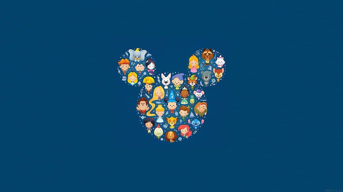 Aesthetic Disney Laptop 桌布 壁紙 — 一系列充滿活力的迪士尼角色在深藍色背景上形成經典的米奇老鼠剪影。