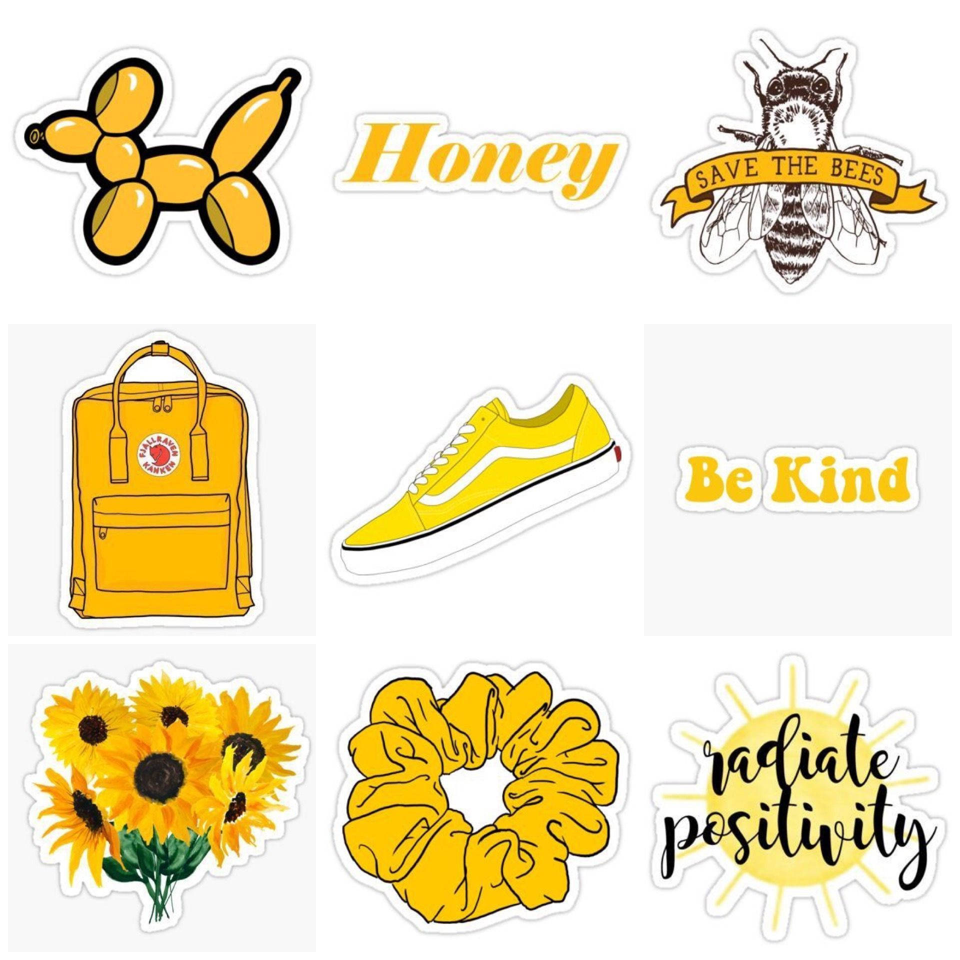stickers 桌布 壁紙 — 一系列充滿活力的黃色貼紙，包括氣球狗、向日葵、蜜蜂、運動鞋和正面語錄。
