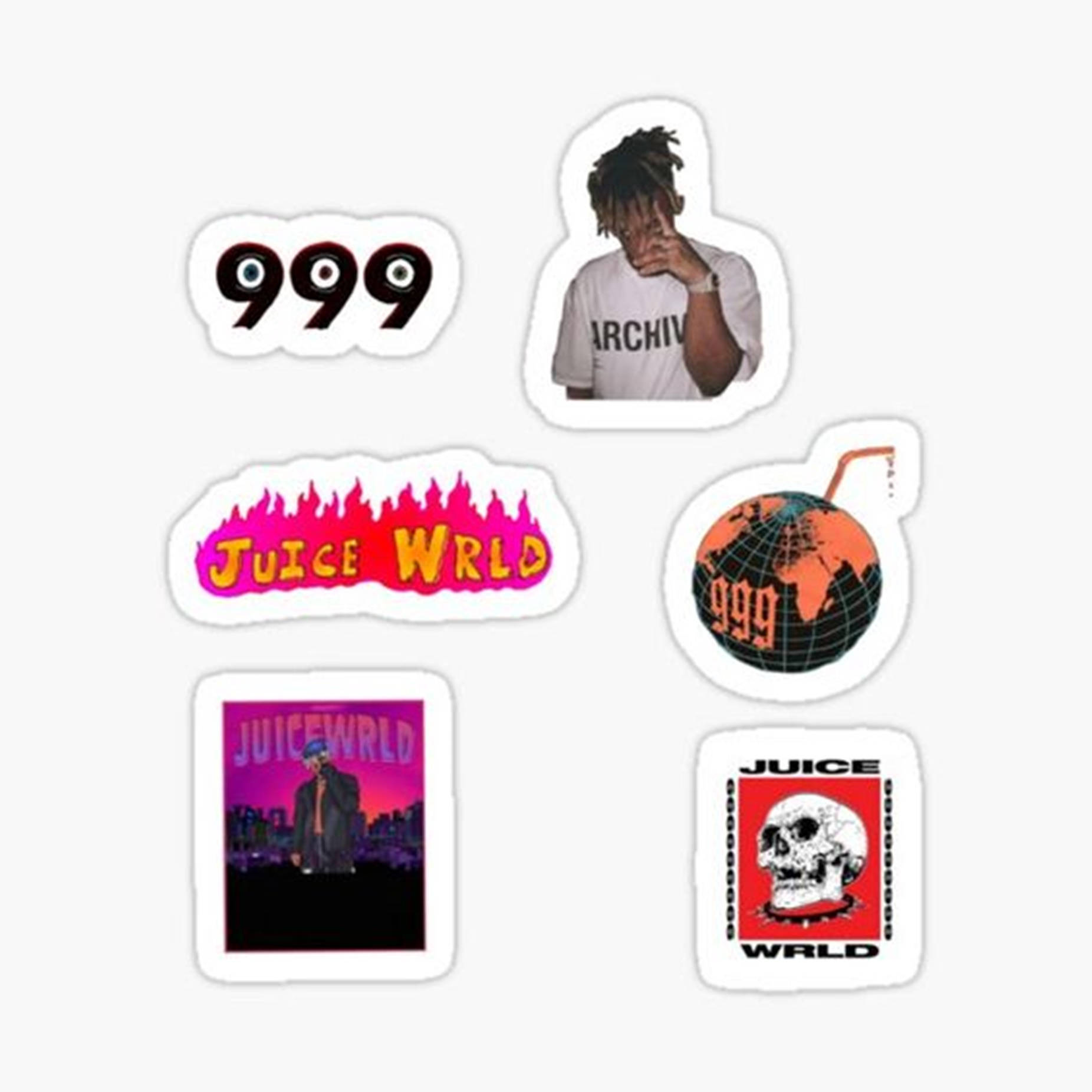 六張 Juice WRLD 貼紙，帶有他的圖像、標誌和地球儀設計。 — Juice Wrld 壁紙