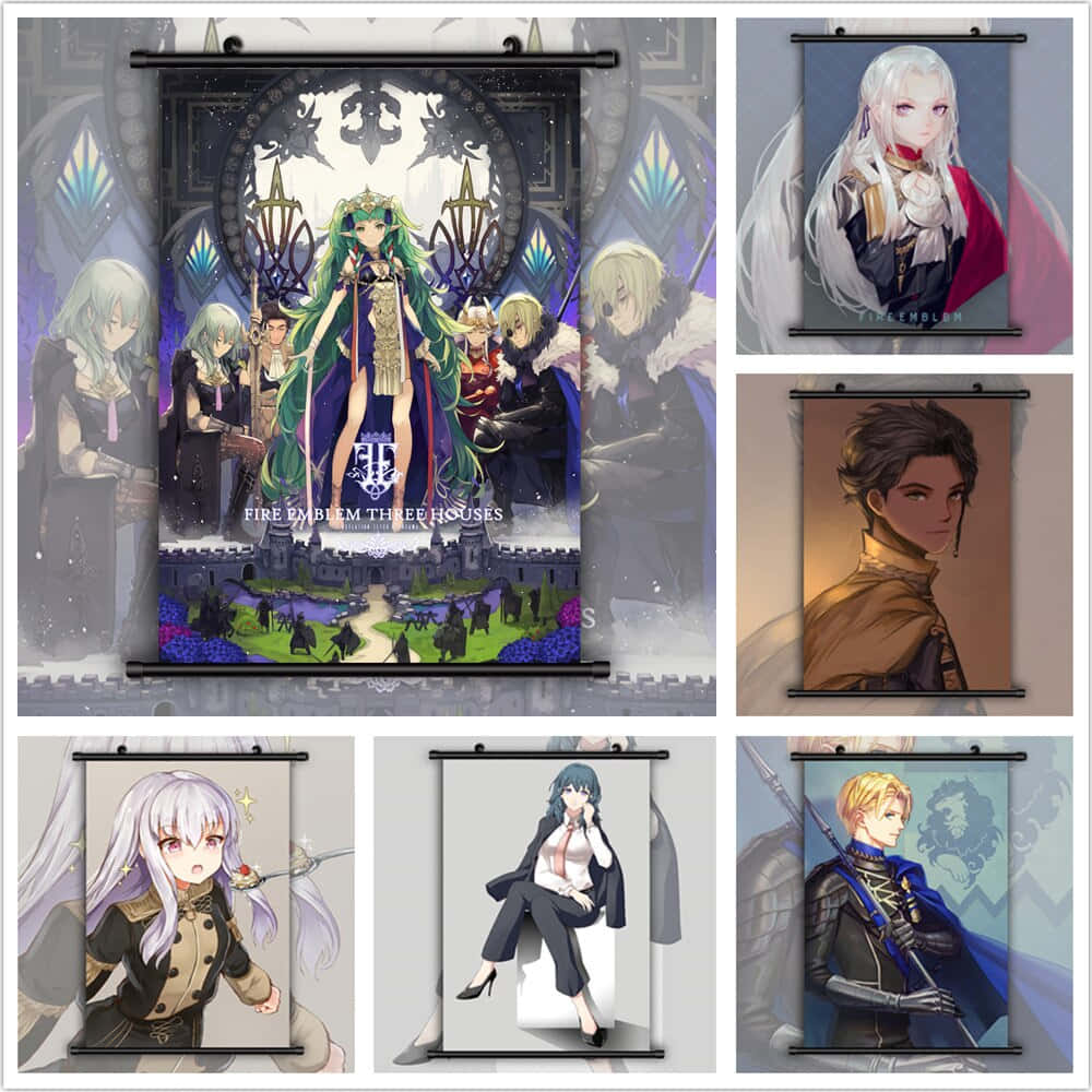 聖火降魔錄 風花雪月 桌布 壁紙 — 一系列動漫風格《Fire Emblem Three Houses》掛軸，角色穿著精緻奇幻服裝，背景為城堡和彩繪玻璃。