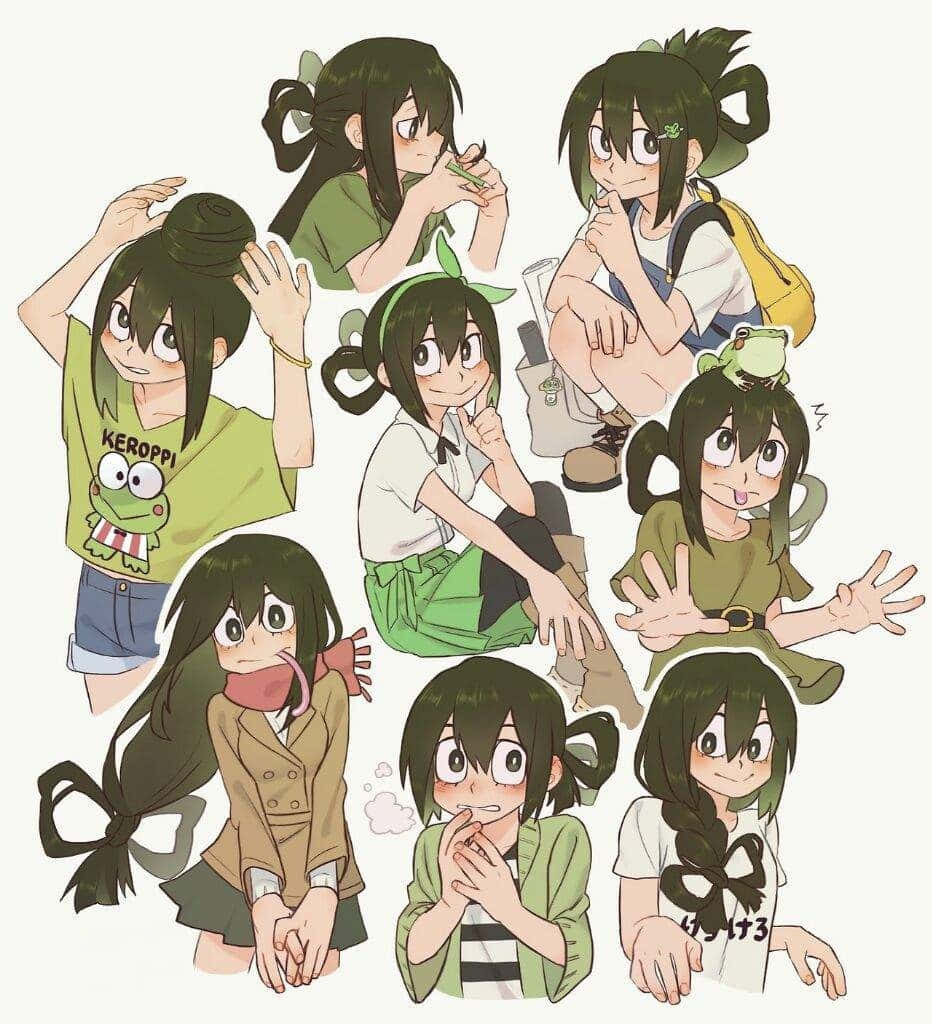 Tsuyu Asui 桌布 壁紙 — 一系列動漫風格插圖，展示一位深色頭髮的女孩以各種姿勢和服裝出現，通常帶有青蛙圖案。