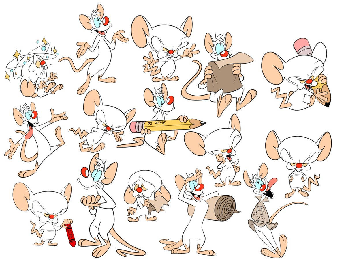 Brain 桌布 壁紙 — 一系列動畫老鼠角色，以各種富有表現力的姿勢和服裝，在純白色背景上。