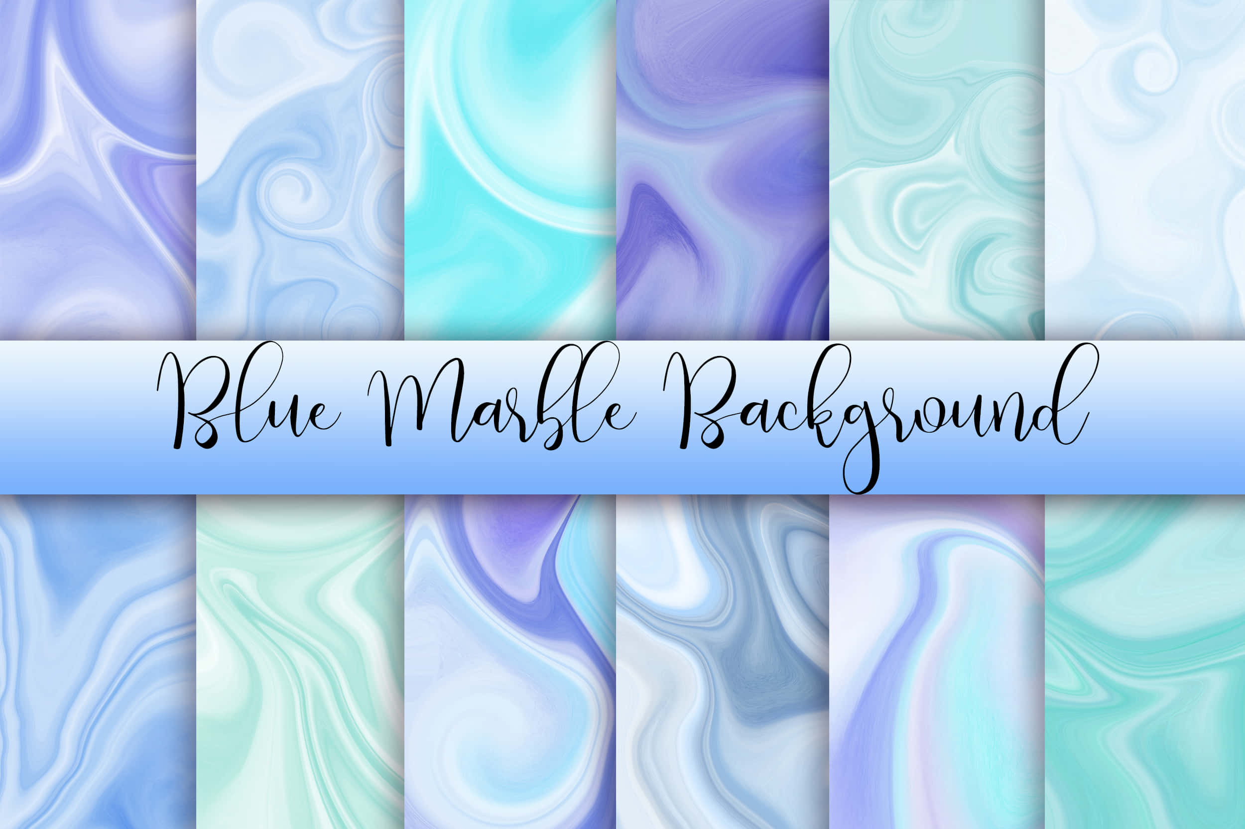Blue Marble 桌布 壁紙 — 一系列十個垂直面板，展示在青色、薰衣草色和白色的柔和色調中旋轉的藍色大理石紋理。