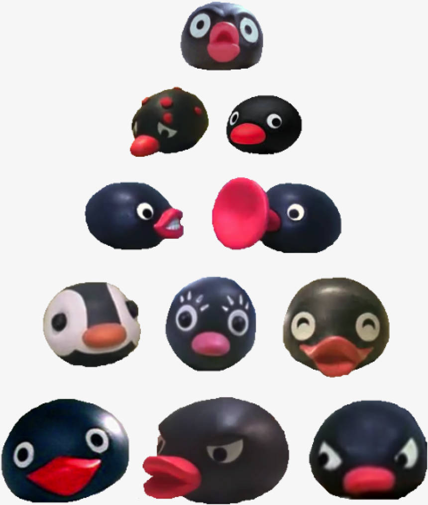 Pingu 桌布 壁紙 — 一系列卡通企鵝頭部，表情和顏色各異，排列成網格狀。
