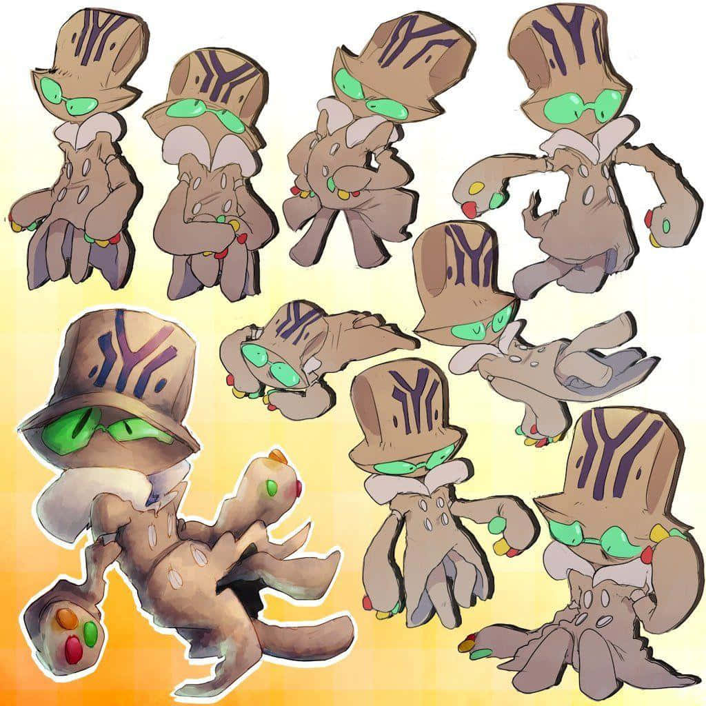 動漫 桌布 壁紙 — 一系列卡通樹狀生物，戴著綠色護目鏡和高帽，擺出各種俏皮姿勢。