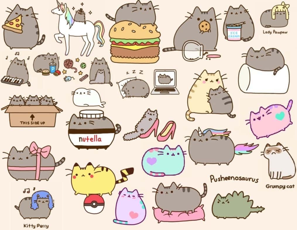 可愛的卡通貓咪以食物和玩具擺出俏皮的姿勢。 — Pusheen 動圖 壁紙