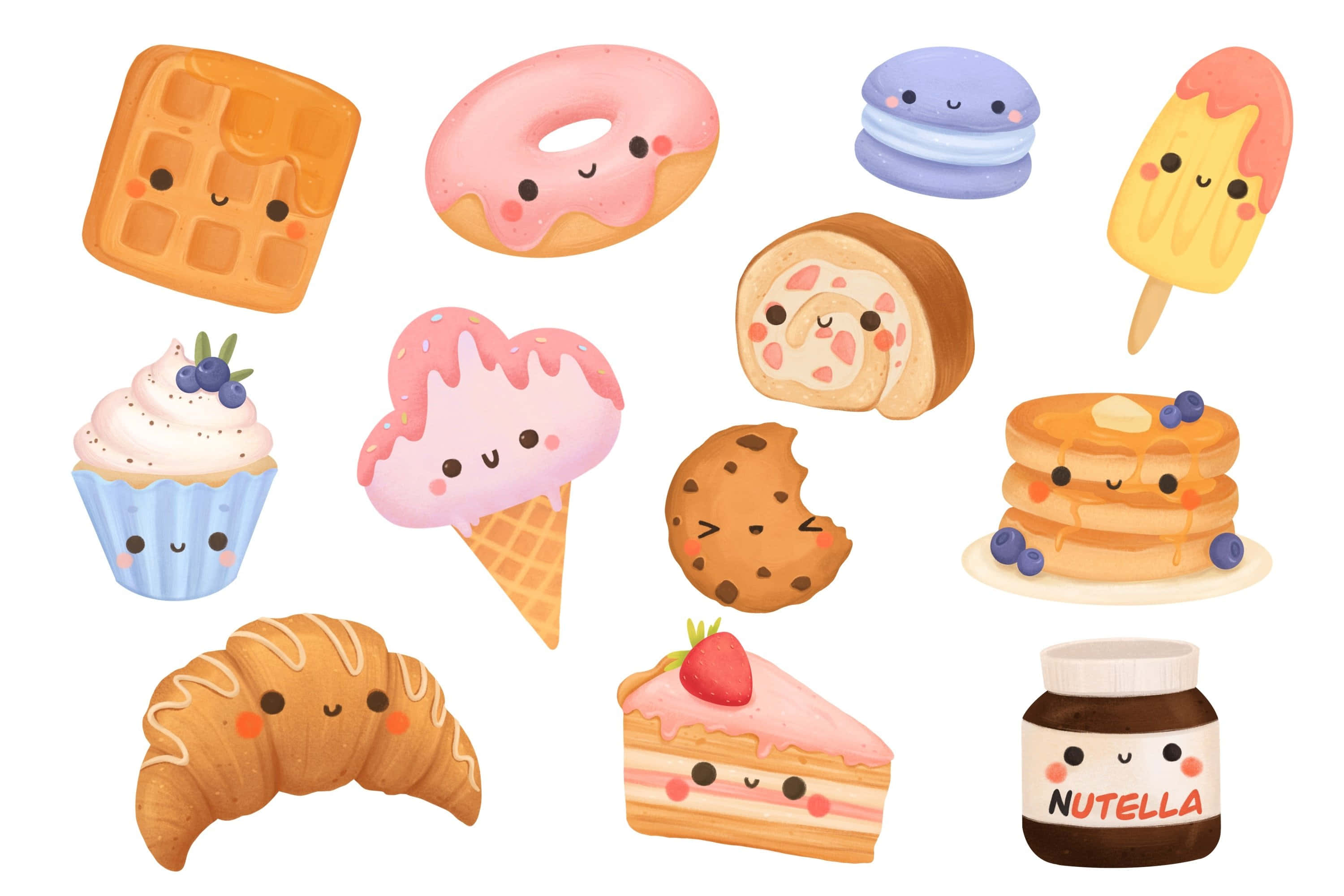 Cute Dessert 桌布 壁紙 — 一系列可愛的粉彩甜點，帶有笑臉，包括鬆餅、甜甜圈、馬卡龍和煎餅。