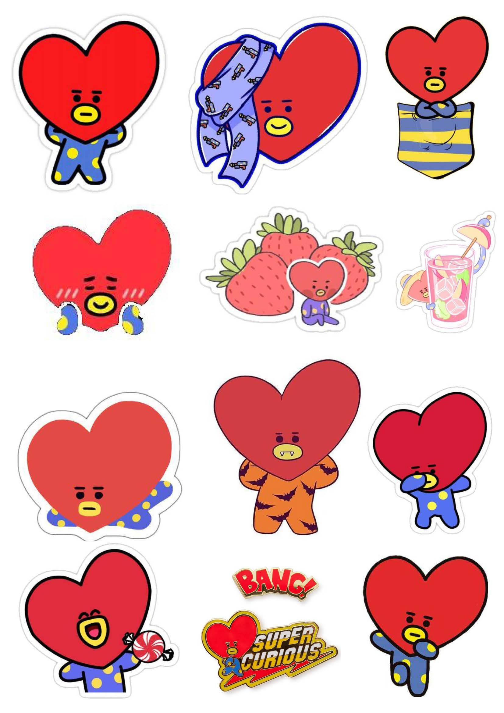 tata bt21 桌布 壁紙 — 一系列可愛的紅色心形卡通角色，穿著不同的服裝和姿勢，背景為白色。