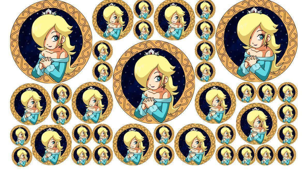 Princess Rosalina 桌布 壁紙 — 一系列圓形貼紙，以星空夜空為背景，展示一位穿著藍色連衣裙的金髮動漫公主。