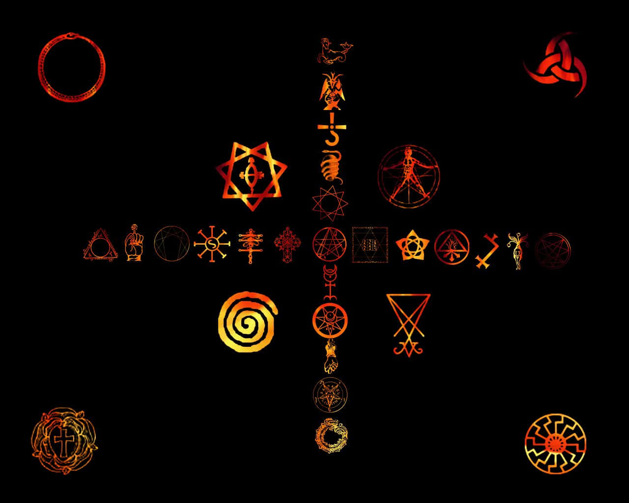 Occult 桌布 壁紙 — 一系列在黑色背景上排列的發光橙色和紅色神秘符號與印記。