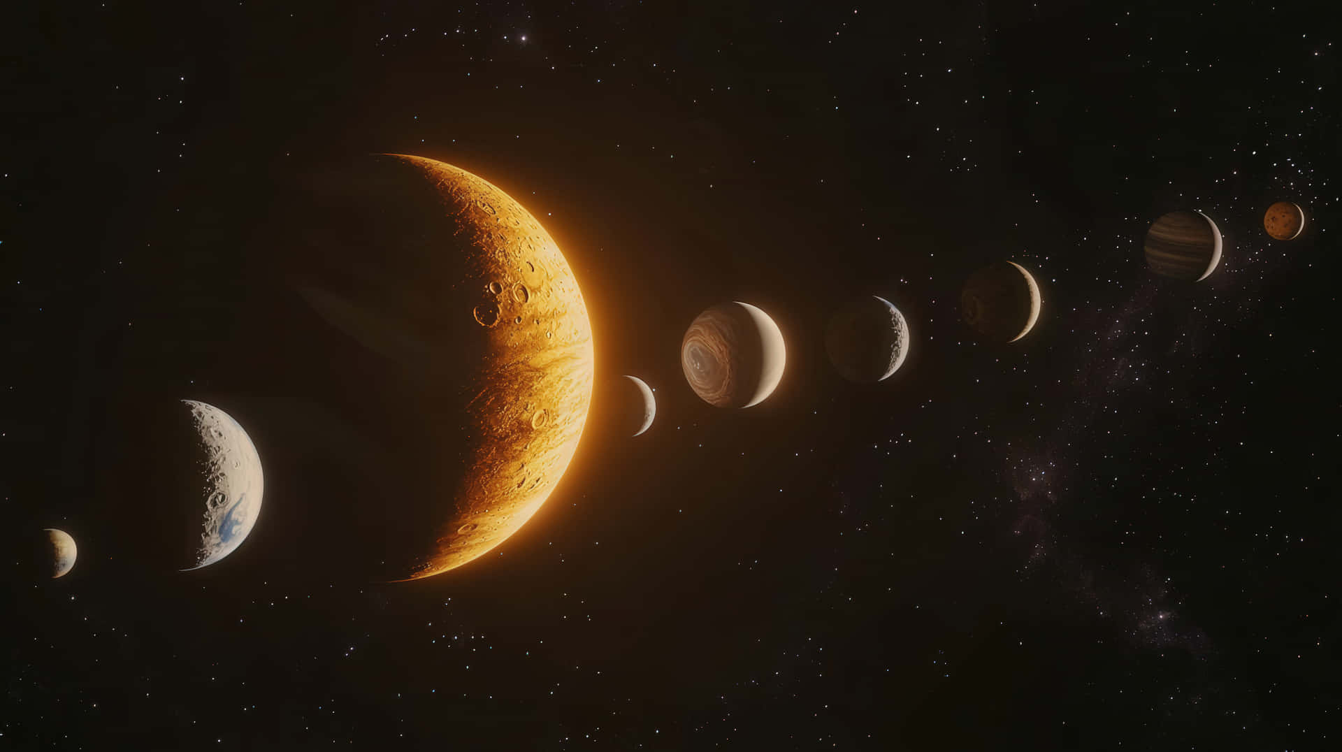 Artistic Alignment of Planets in Space 壁紙 — 一系列壯麗的行星沐浴在金色陽光下，背景是繁星點點的宇宙。