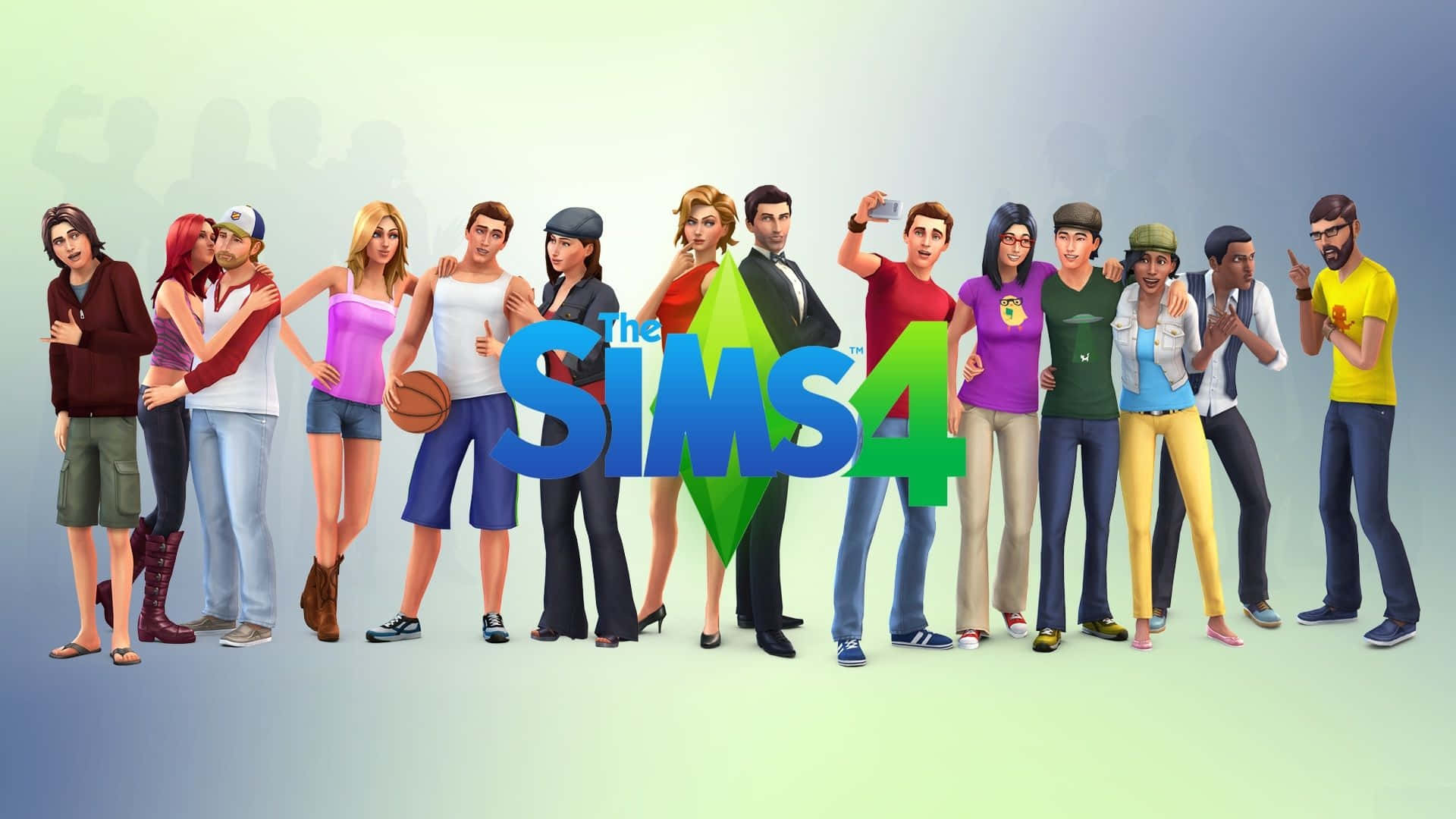 The Sims 4 桌布 壁紙 — 一系列多元化的《The Sims 4》角色在柔和漸變背景前，圍繞遊戲標誌歡樂地擺姿勢。