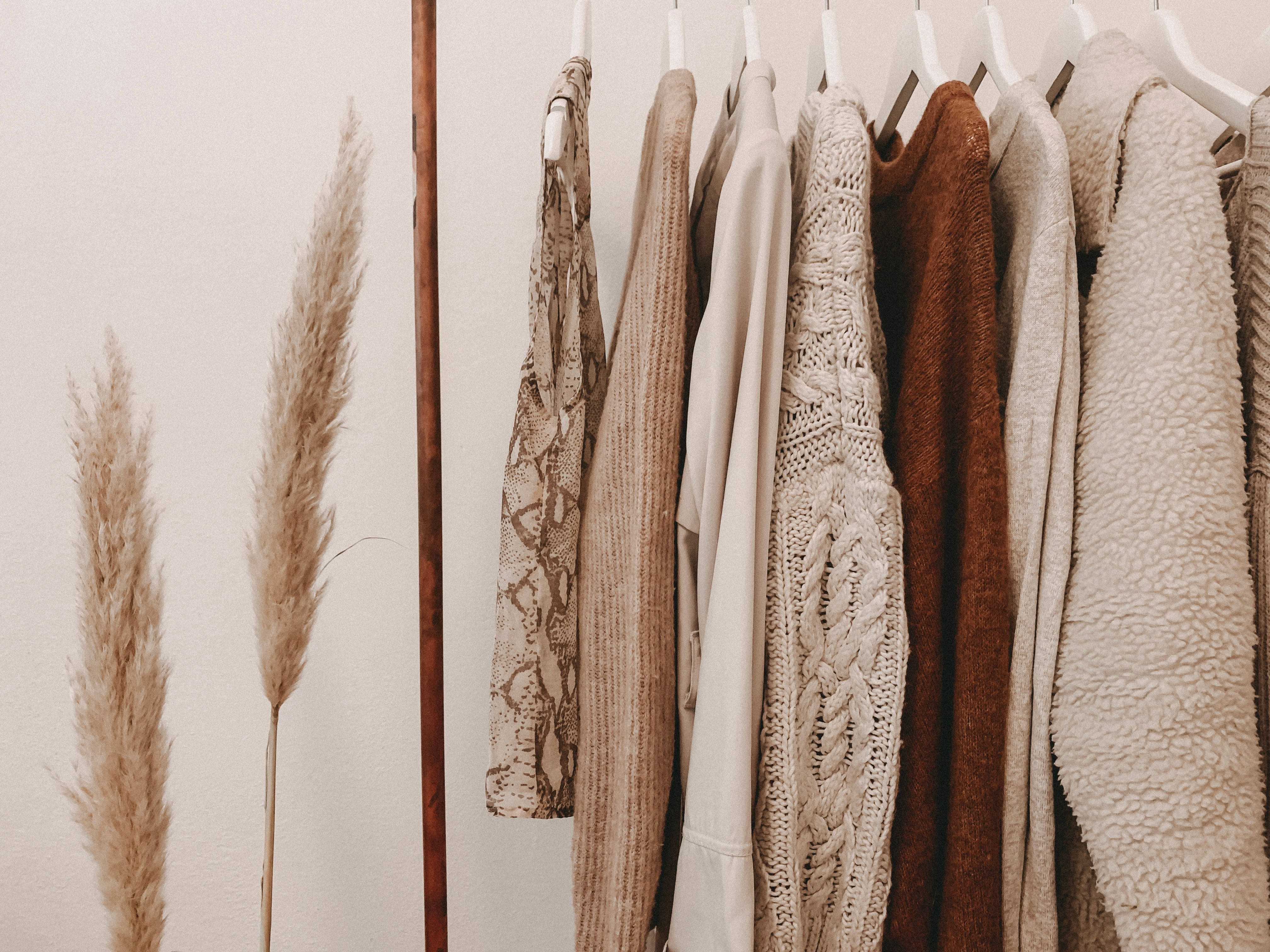 Beige Minimalist 桌布 壁紙 — 一系列大地色調的毛衣和質感服裝整齊地掛在衣架上，旁邊是高高的乾燥蒲葦。