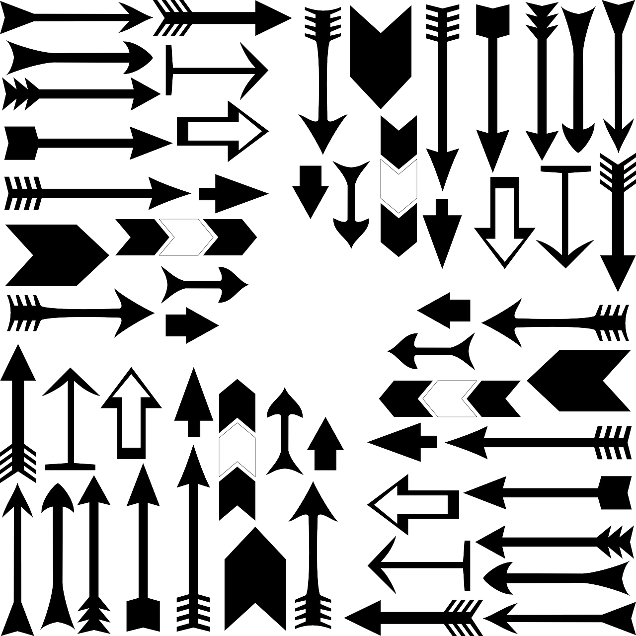 Arrows 桌布 壁紙 — 一系列大膽的黑色箭頭圖標，方向與風格各異，置於潔淨的白色背景上。