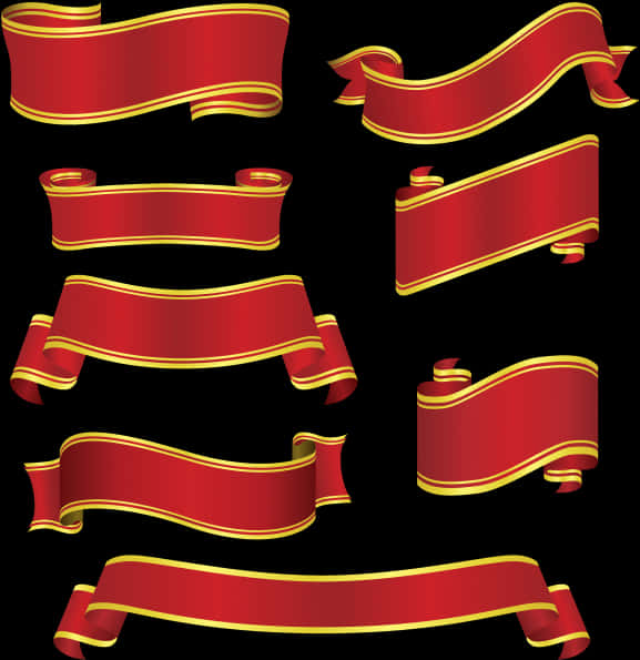 Ribbon Banner 桌布 壁紙 — 一系列帶有金色飾邊的光澤紅色絲帶，在黑色背景上以各種優雅形狀飄動。