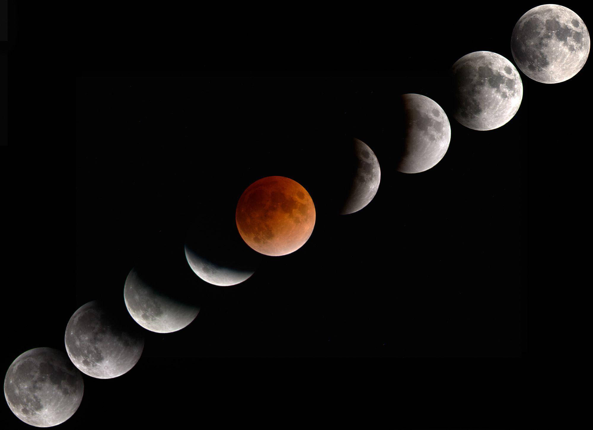 Eclipse 桌布 壁紙 — 一系列戲劇性的月相，最終在無星的黑色天空中呈現出鮮紅色的血月。