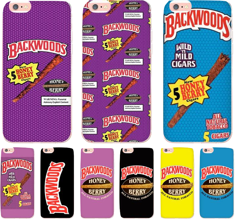 Backwoods 桌布 壁紙 — 一系列手機殼，採用充滿活力的紫色、藍色、黃色和黑色背景，帶有 Backwoods Honey Berry 雪茄品牌標誌。