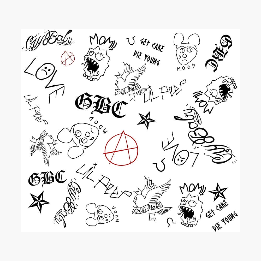 lil peep 動態圖 桌布 壁紙 — 一系列手繪紋身風格設計，包括卡通角色和「Get Cake Die Young」等短語，背景為白色。