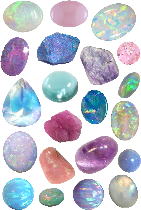 Gemstones 桌布 壁紙 — 一系列拋光寶石和粗糙水晶在純黑背景下散發彩虹色光芒的鮮豔收藏。