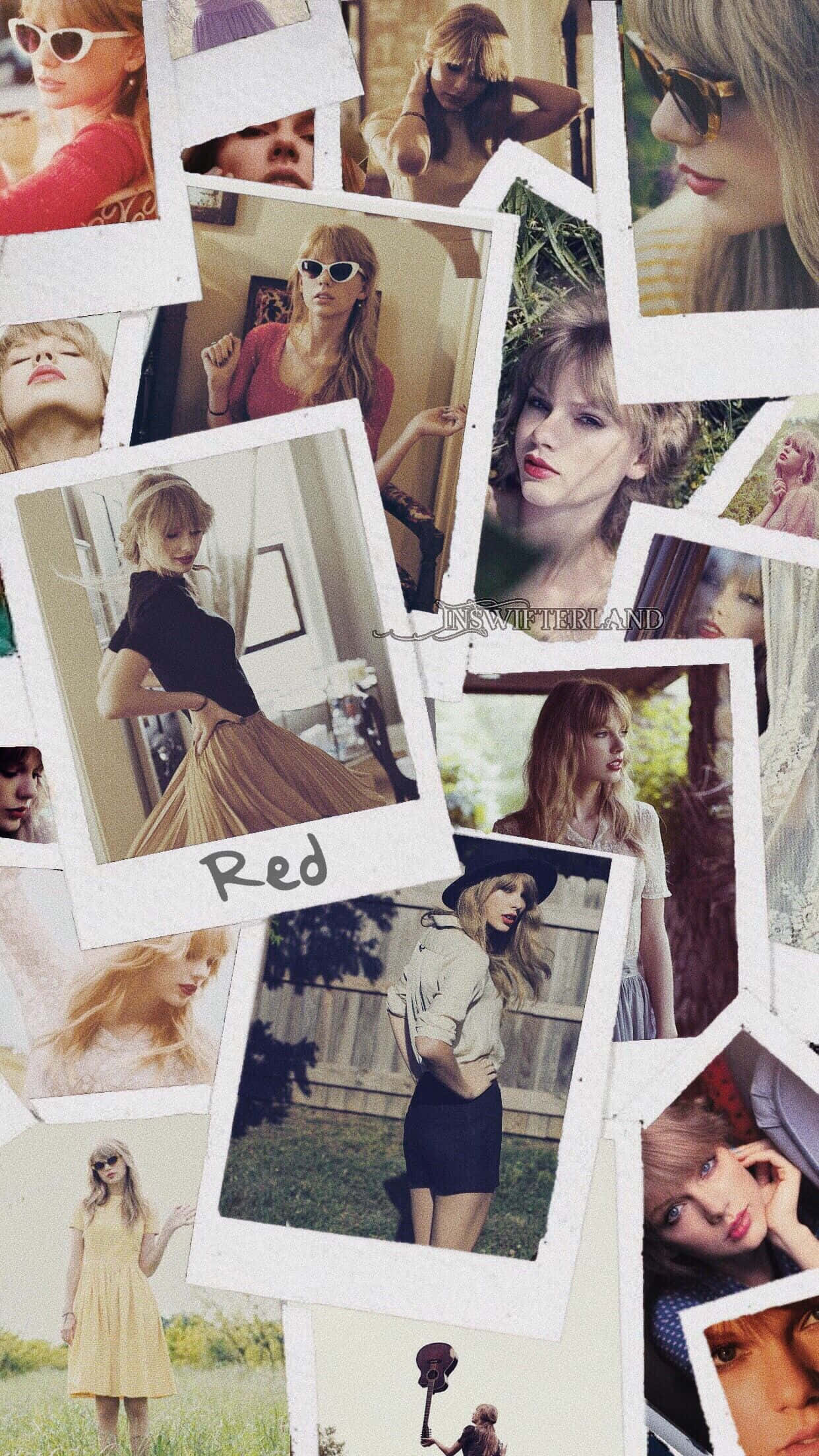 Red Taylors Version 桌布 壁紙 — 一系列拍立得風格照片的拼貼，展示泰勒·斯威夫特穿著各種服裝和姿勢，並帶有突出的「Red」文字疊加。