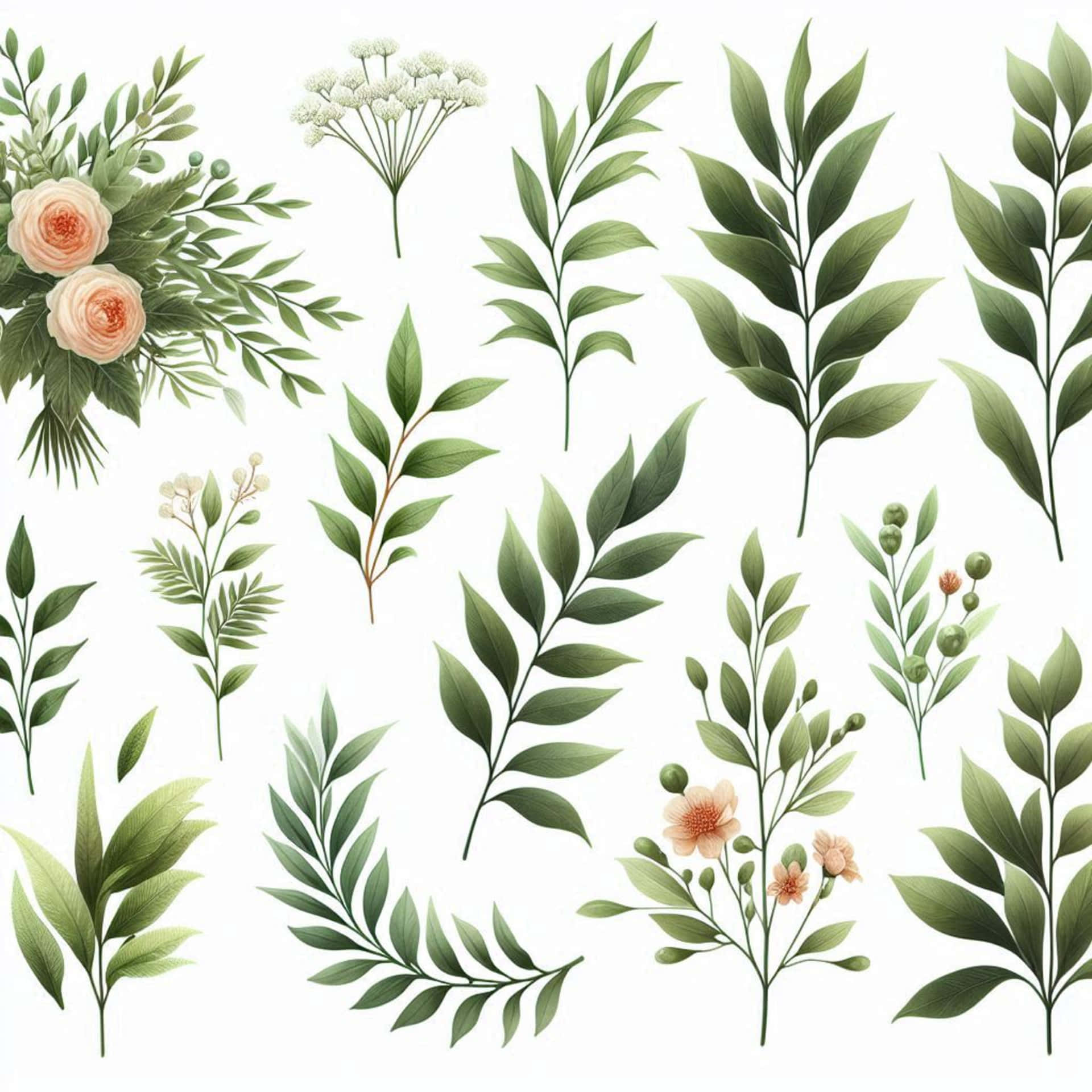 Seamless floral pattern. 壁紙 — 一系列插圖風格的綠色葉莖和粉紅色桃花，排列在潔淨的白色背景上。