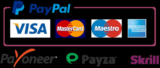 Paypal Logo 桌布 壁紙 — 一系列支付服務標誌，包括 PayPal、VISA、MasterCard、Maestro、American Express、Payoneer、Payza 和 Skrill，顯示在黑色背景上。