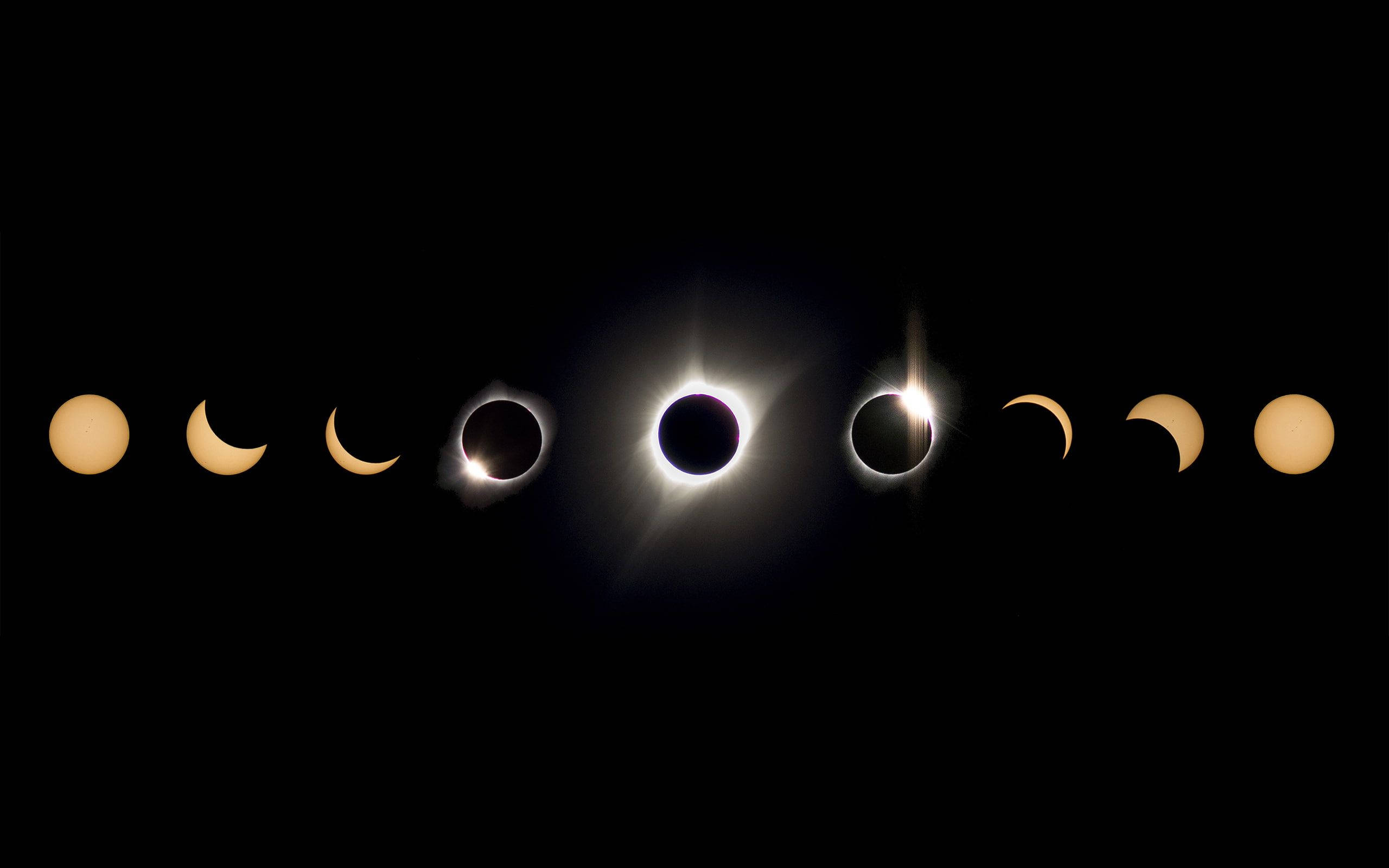 Eclipse 桌布 壁紙 — 一系列日食階段，從全食到全食再到全食，背景為黑色天空。