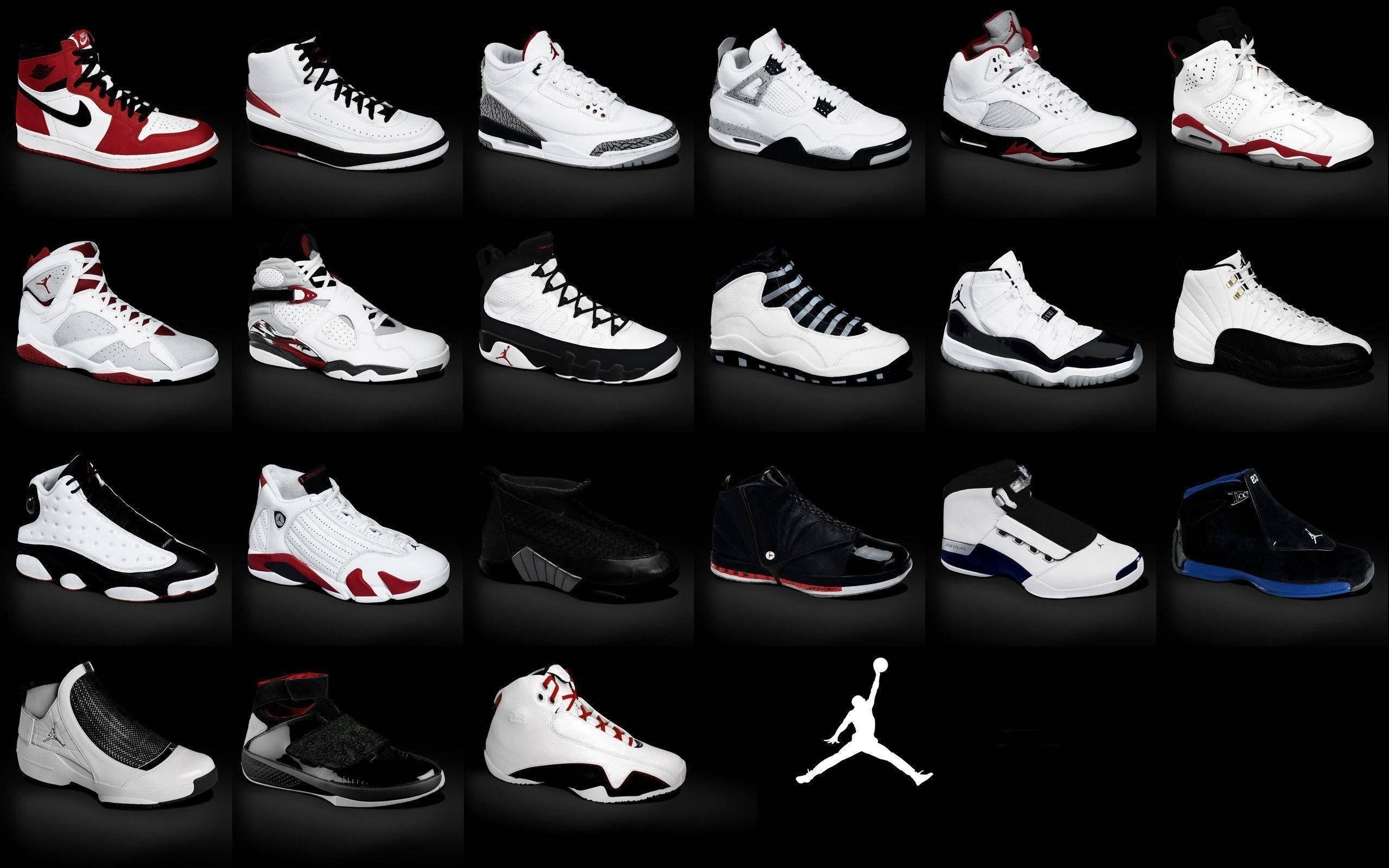 cool shoe 桌布 壁紙 — 一系列標誌性 Jordan 運動鞋以網格形式展示，背景為純黑色，底部有白色 Jumpman 標誌。