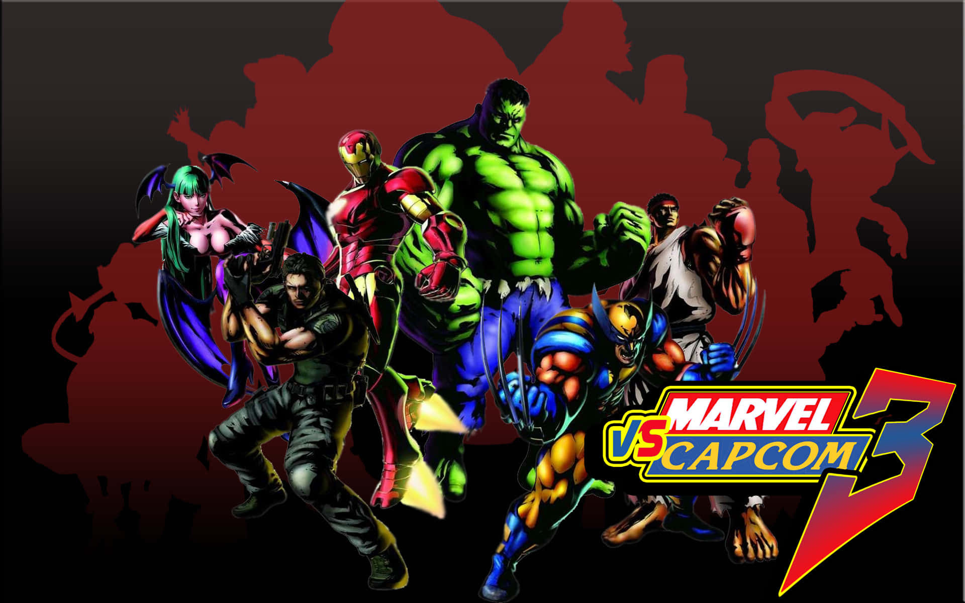 Marvel Vs Capcom Characters 桌布 壁紙 — 一系列標誌性的 Marvel 和 Capcom 超級英雄與反派，在深紅色剪影背景前擺出戰鬥姿勢，動感十足。