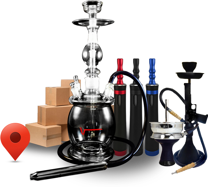Product 桌布 壁紙 — 一系列玻璃和金屬水煙壺及電子煙霧化器，在黑色背景上展示，附有紙箱和位置圖釘。