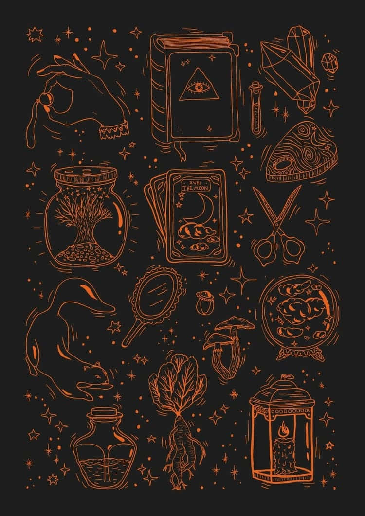 Halloween Phone 桌布 壁紙 — 一系列神秘的橙色線條繪製的神秘符號和物體漂浮在深色背景上。