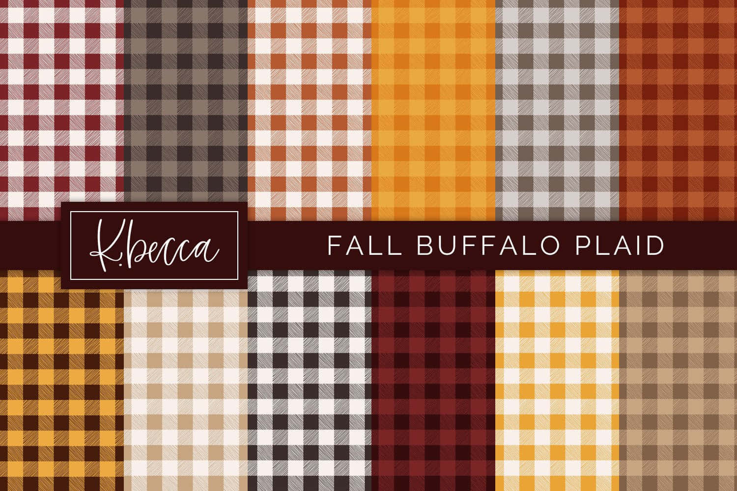 風景 桌布 壁紙 — 一系列秋季 buffalo plaid 圖案，以溫暖的秋色調排列成網格，並帶有品牌橫幅。